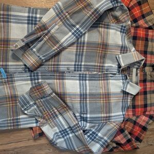Eddie Bauer Blue and Orange Plaid Casual Button Down Shirts